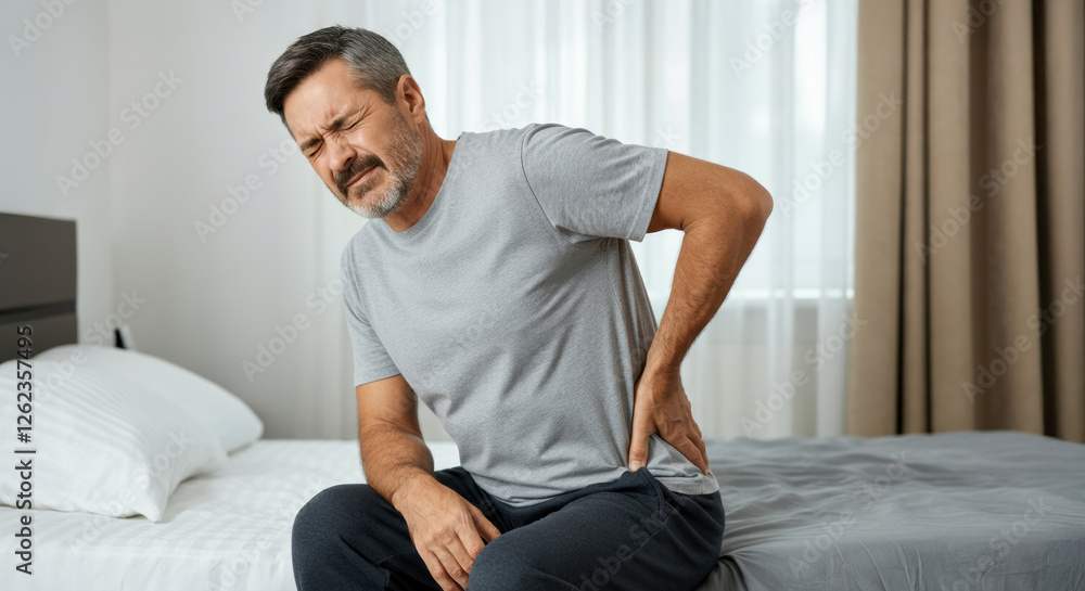 Middle-aged man experiences discomfort while seated on a bed in a light-filled room Middle-aged man experiences discomfort while seated on a bed in a light-filled room