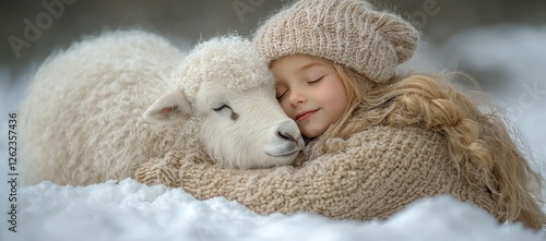 Girl tenderly embraces a fluffy white lamb in snowy winter landscape.