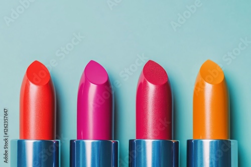 Vivid lip colors arranged in a gradient of hues on a colorful background