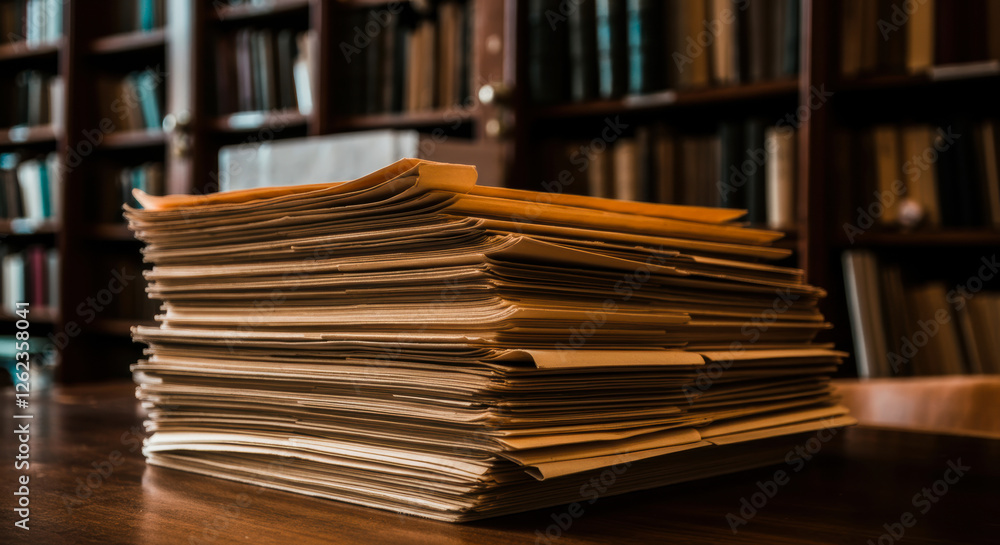 Stack of paper documents on a wooden table in a library setting with bookshelves in the background Stack of paper documents on a wooden table in a library setting with bookshelves in the background
