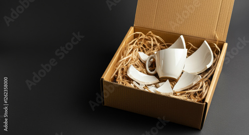 Broken white ceramic cup and saucer pieces in a cardboard box with packing material