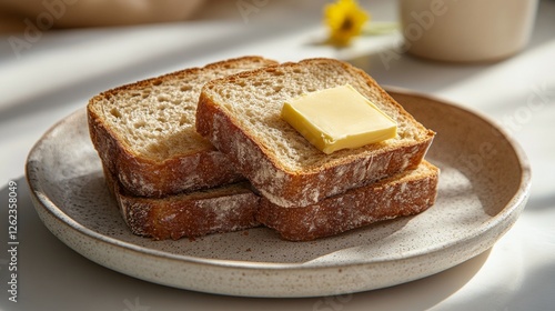 Freshly sliced bread with butter on a serene table by the window with flowers