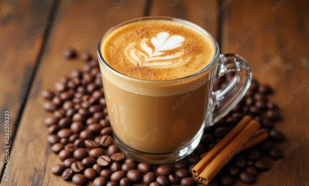 Coffee with latte art on wooden table Coffee with latte art on wooden table