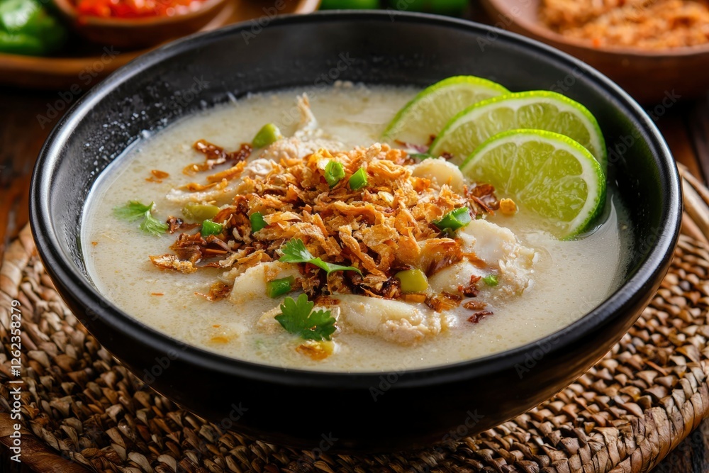 Chicken coconut soup bowl with lime and fried onions on a wooden table. Bowl food Chicken coconut soup bowl with lime and fried onions on a wooden table. Bowl food