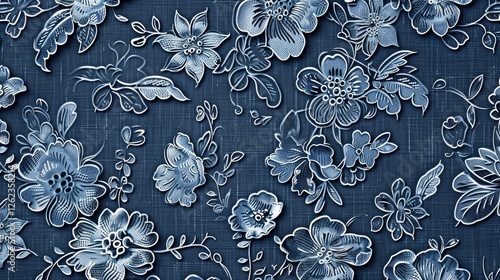 Pattern with blue flowers on a dark blue background.