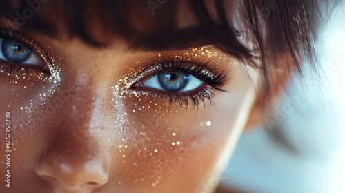 Vibrant blue eye adorned with sparkling makeup and a soft bokeh background cr...