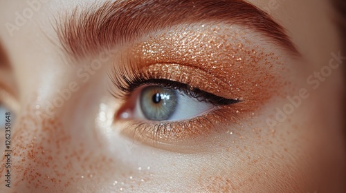 Captivating close-up of a model's eye reflecting vibrant orange hues and spar...