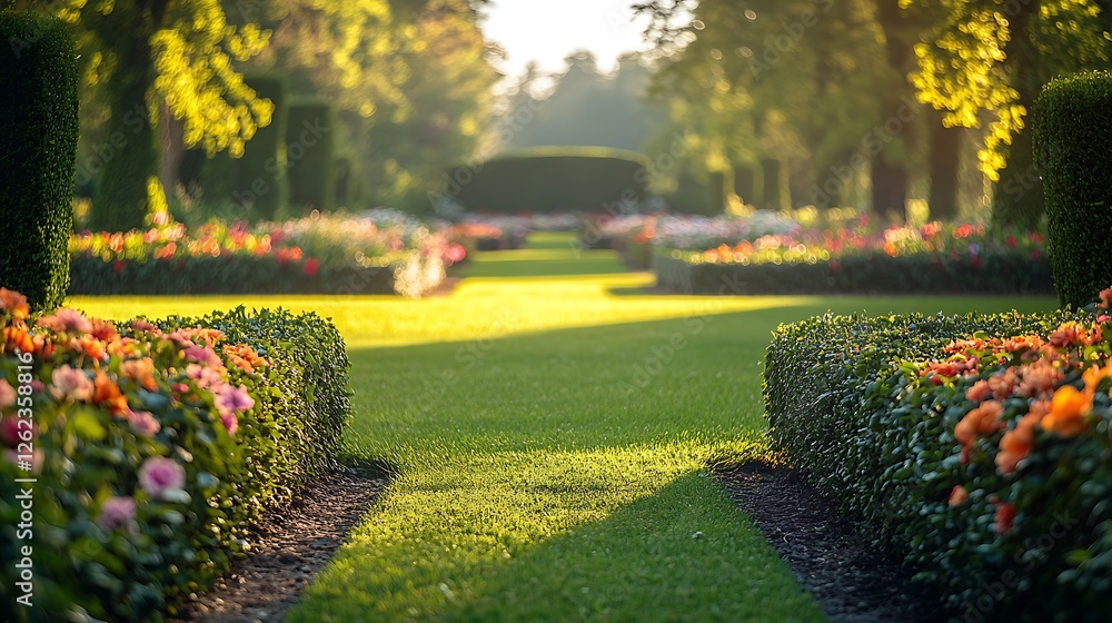 Obraz premium A neatly manicured hedge being trimmed by a landscaper, vibrant flower beds and a pristine lawn in the background, the atmosphere calm and orderly, with freshly cut clippings on the ground. --ar 16:9
