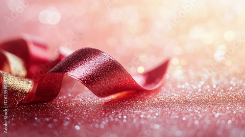 Sparkling red ribbon surrounded by golden bokeh lights creating a festive atm...