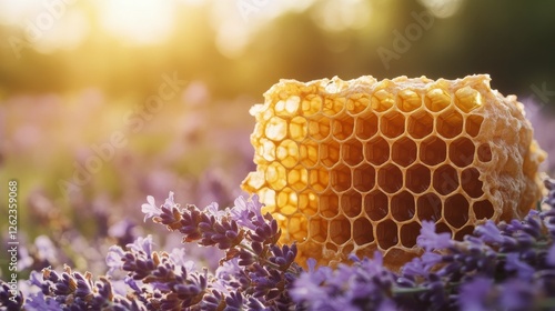 Golden honeycomb surrounded by vibrant lavender flowers in a sunlit garden