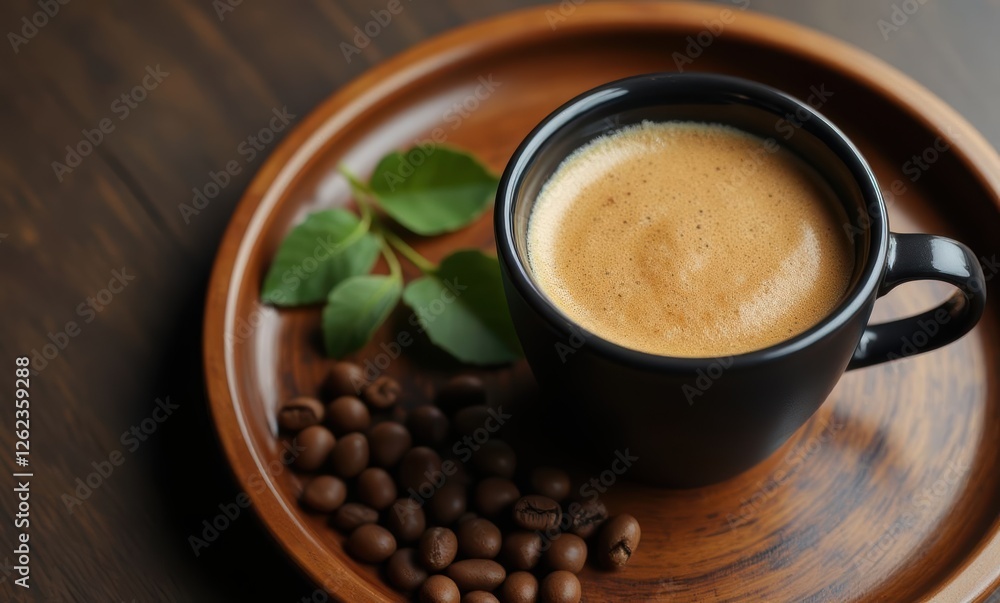 Black coffee with coffee beans and leaves Black coffee with coffee beans and leaves