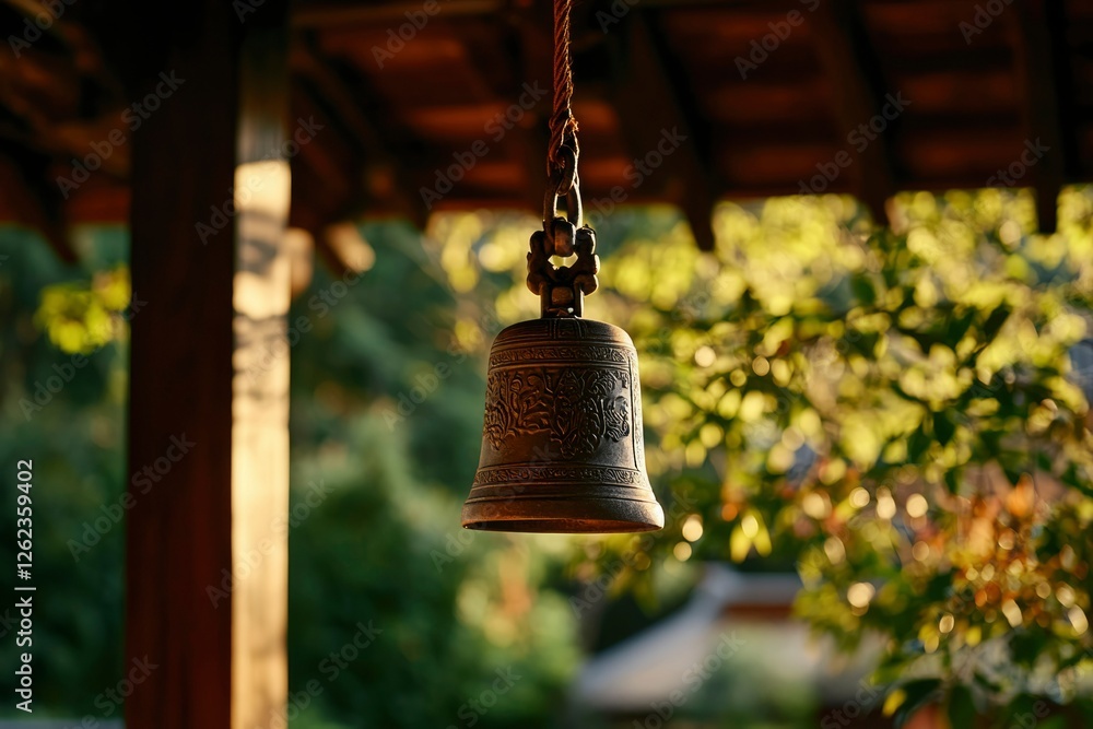 Obraz premium Bell hangs in a temple. Nature provides a beautiful, meditative backdrop