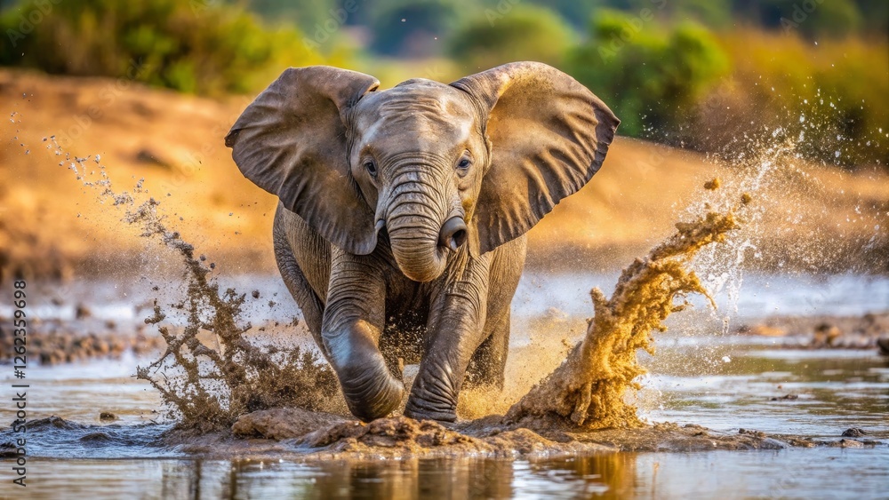 Fototapeta premium Elephant splashing water while running through river in sunset light