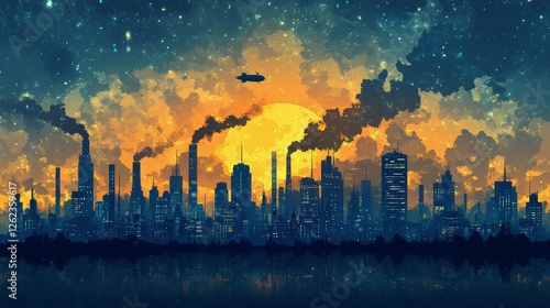 Industrial city skyline at sunset with emissions and airship in the sky