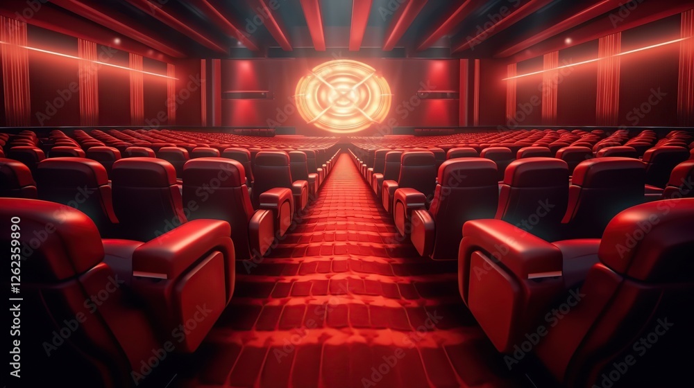 Empty Cinema Hall with Red Seats and Dynamic Central Lighting Empty Cinema Hall with Red Seats and Dynamic Central Lighting