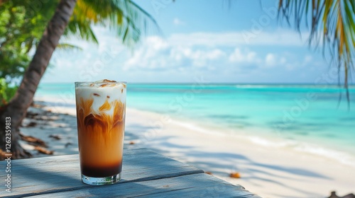 Refreshing iced coffee on a tropical beach with clear blue waters and palm tr...