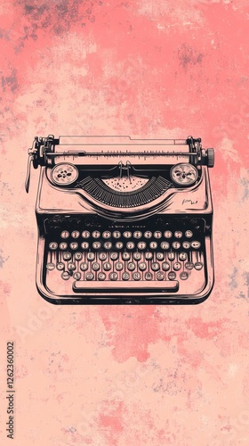 A vintage typewriter is depicted against a soft watercolor background