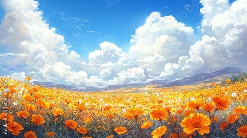 Vibrant orange flower field under a bright blue sky with fluffy clouds in a s...