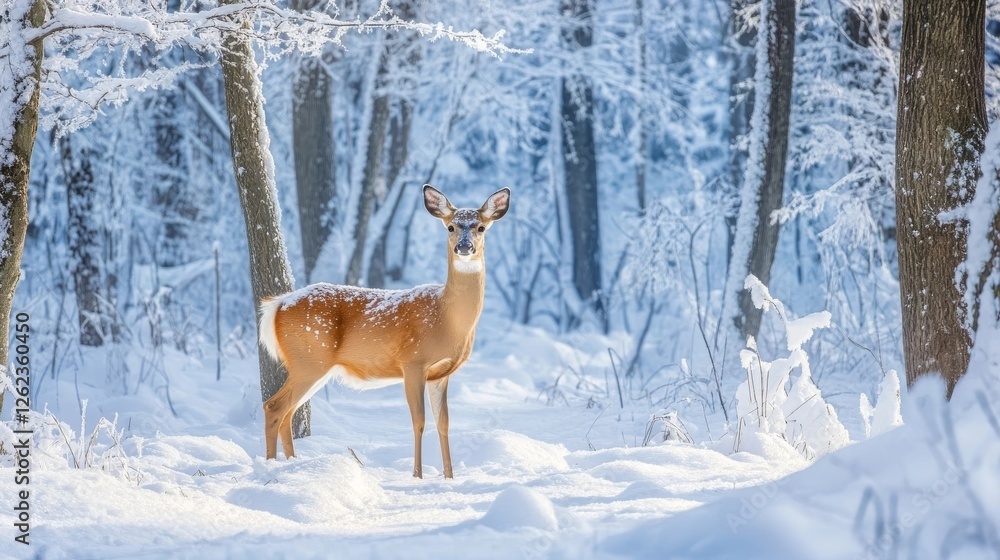 Snow-covered woodland scene with a deer standing gracefully amidst winter trees Snow-covered woodland scene with a deer standing gracefully amidst winter trees