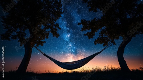 Starry night sky with hammock between trees in peaceful outdoor setting