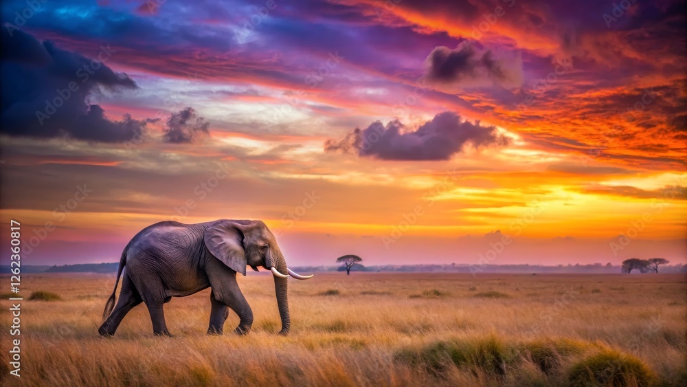 Fototapeta premium Majestic Elephant Walking Through Golden Grassland at Sunset