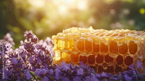 Golden honeycomb surrounded by vibrant lavender flowers in a sunlit garden