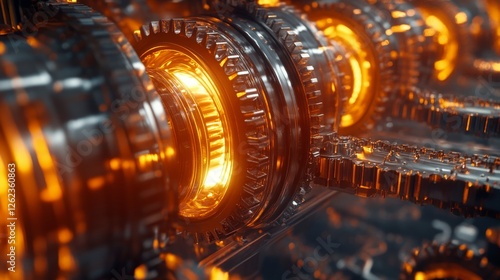 Gears turning with sparks in a futuristic mechanical setting during a dynamic...