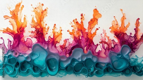 Colorful abstract patterns created by fluid art with swirls of pink, blue, an...