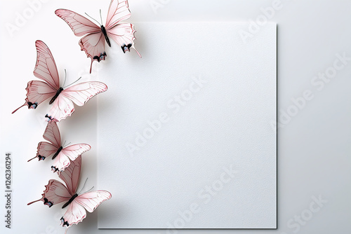 White blank invitation card and pink butterflies on a white background