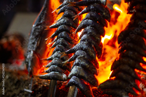 sardines and fish on the fire pierced with a sword, typical of Malaga, they are called espetos