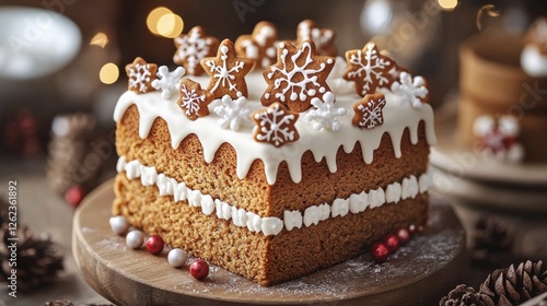 Festive cake adorned with winter decorations and seasonal toppings on a dark ...