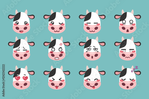 Cute cow character manga emoji set. Cow animal cartoon mascot emoji icons. Vector illustration