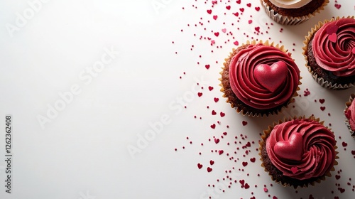 Delicious heart-themed cupcakes decorated with red sprinkles on a marble back...