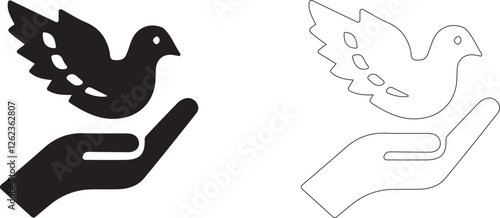 Dove on the palm. Vector silhouette.