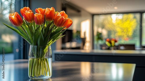 White tulips arranged in a glass vase on a table, illuminated by soft morning...