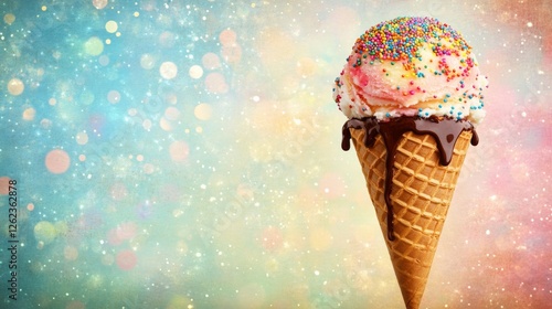 Colorful ice cream cone with sprinkles against a vibrant background