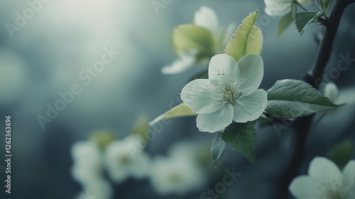 Bright green leaves and delicate flowers illuminated by soft sunlight in a se...