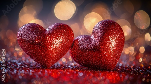 Red glittery heart ornaments hanging on a string for a festive decoration