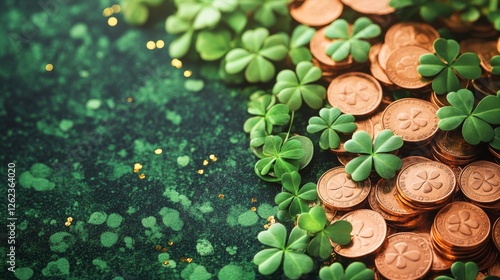 Celebration of St Patrick's Day with gold coins and clovers in a glowing atmo...