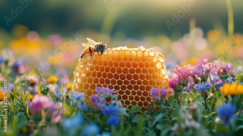 Honeycomb resting in a vibrant flower field at sunset with gentle sunlight il...
