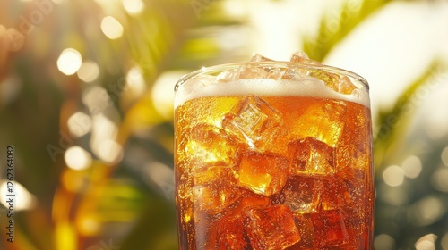Refreshing iced beverage served in glass with sunlight and tropical foliage i...