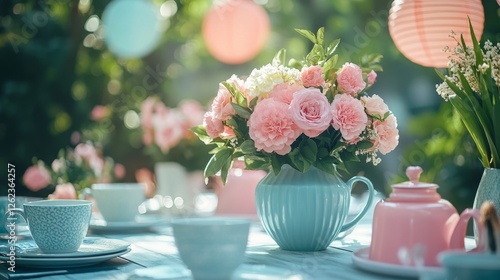 Beautiful floral arrangement on a dining table for a garden celebration in th...