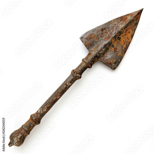 A rusty, ancient spearhead with a wooden handle, suggesting historical use in combat or hunting. isolated on white background