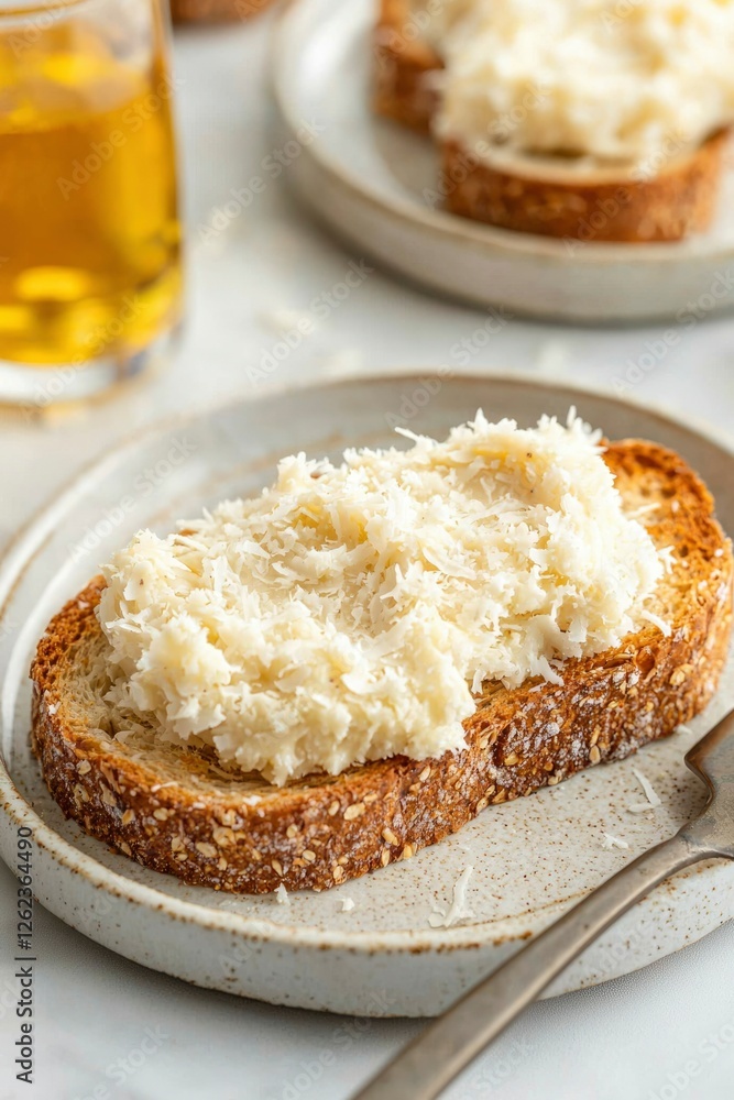 Toasted bread topped with grated cheese, served on a plate on a wooden table Toasted bread topped with grated cheese, served on a plate on a wooden table