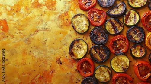 Colorful grilled vegetables arranged beautifully on a vibrant golden background