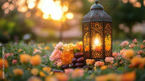 Soft glow of lantern amidst blooming flowers at sunset in a serene garden