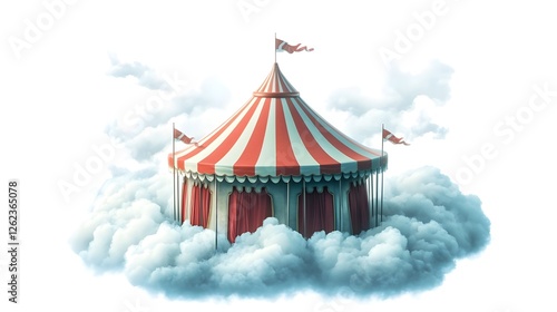 A red and white striped circus tent floats on clouds against a white background.