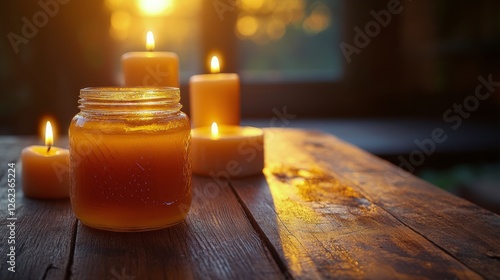 Warm candlelight illuminating a rustic table at sunset with a jar candle and ...