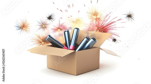 a cardboard box filled with cylindrical fireworks, with colorful fireworks exploding out of the box, visually representing a celebration or festive event.