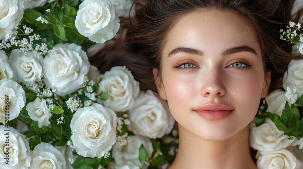 Naklejka premium Portrait of a girl surrounded by white roses with a serene expression captured in a floral setting